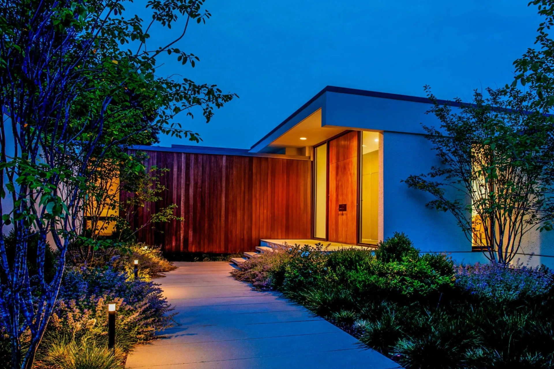 Modern home entrance with warm wood door and landscape lighting at dusk